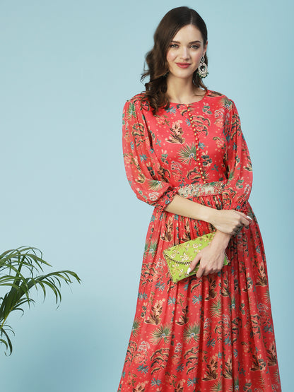 Tropical Printed & Hand Embroidered Flared Maxi Dress - Pink