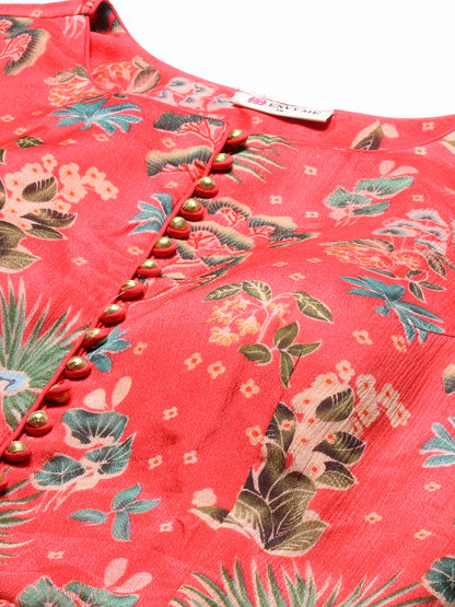 Tropical Printed & Hand Embroidered Flared Maxi Dress - Pink