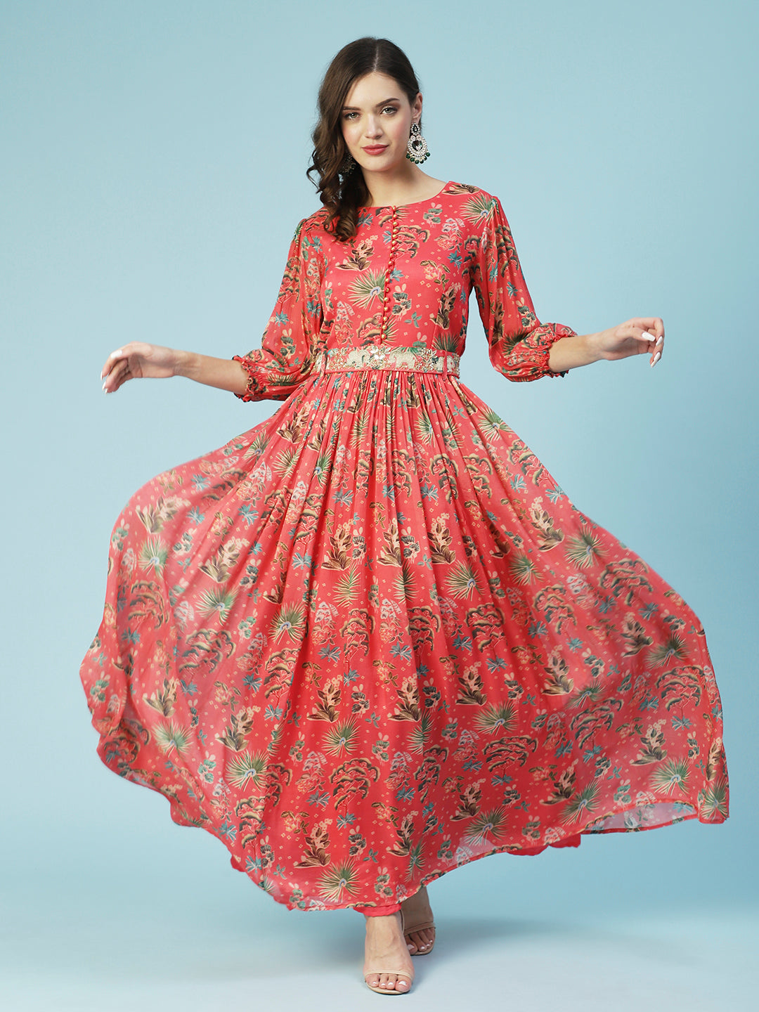 Tropical Printed & Hand Embroidered Flared Maxi Dress - Pink