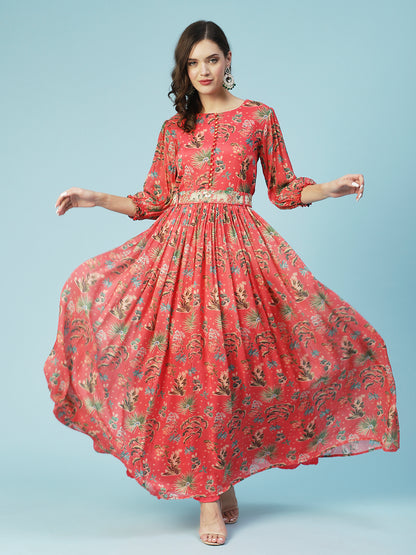 Tropical Printed & Hand Embroidered Flared Maxi Dress - Pink