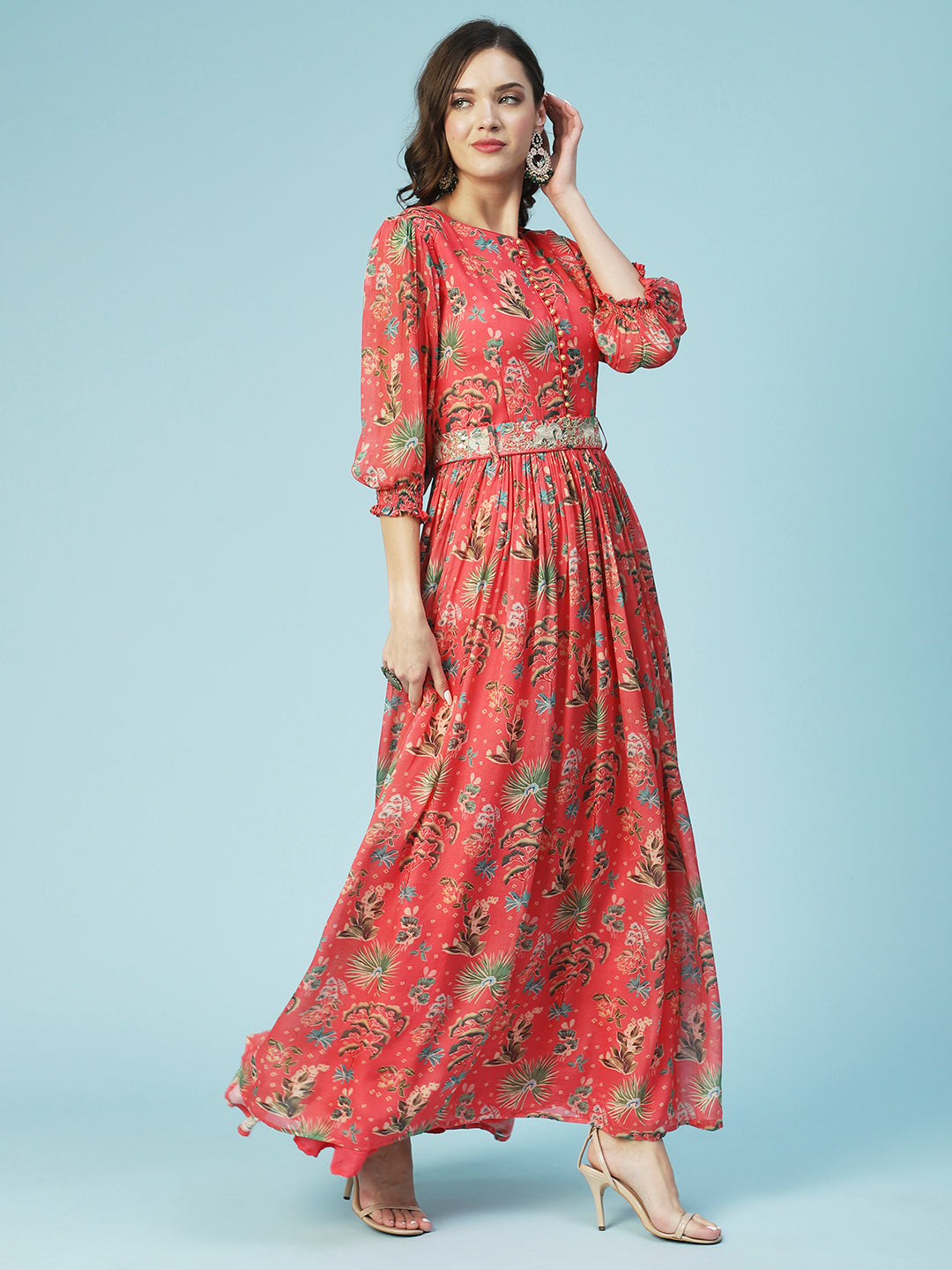 Tropical Printed & Hand Embroidered Flared Maxi Dress - Pink
