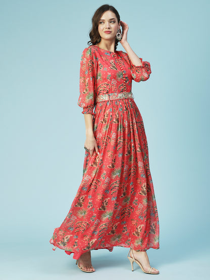 Tropical Printed & Hand Embroidered Flared Maxi Dress - Pink