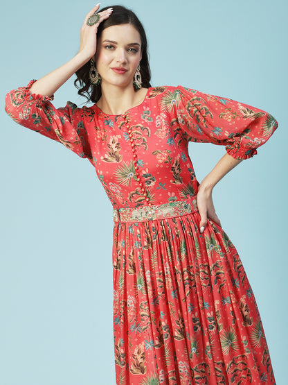 Tropical Printed & Hand Embroidered Flared Maxi Dress - Pink