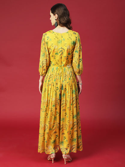Tropical Printed & Hand Embroidered Flared Maxi Dress - Yellow