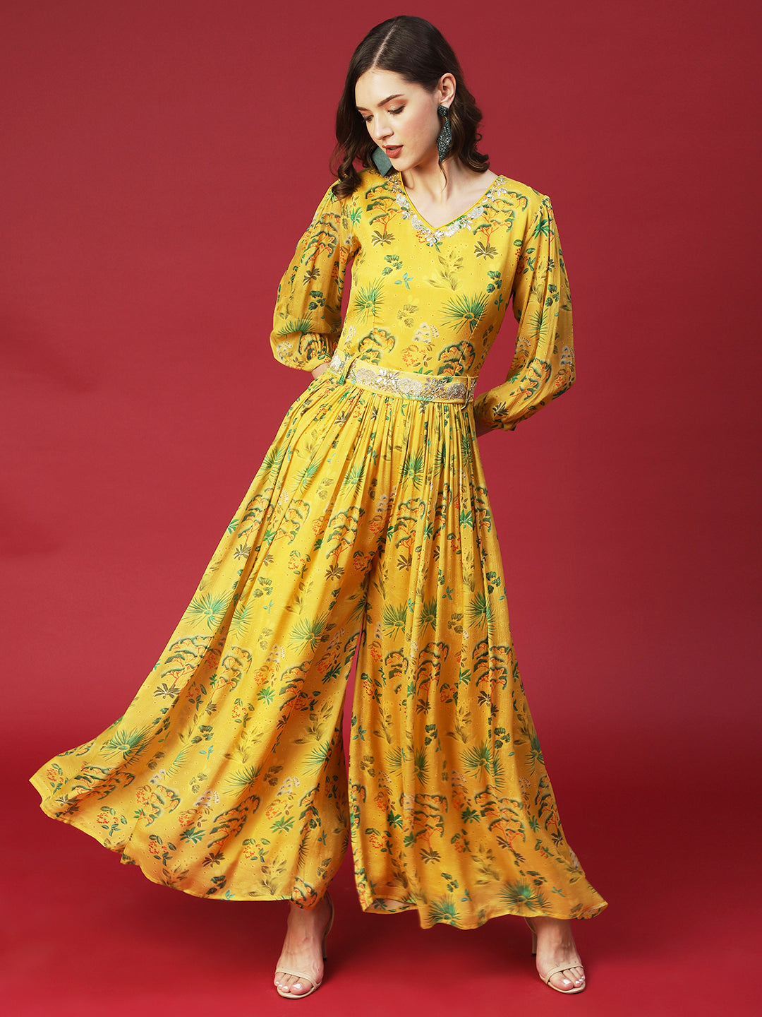 Tropical Printed & Hand Embroidered Flared Maxi Dress - Yellow