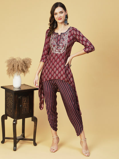 Floral Printed & Embroidered High Low Kurta with Dhoti Pant - Purple