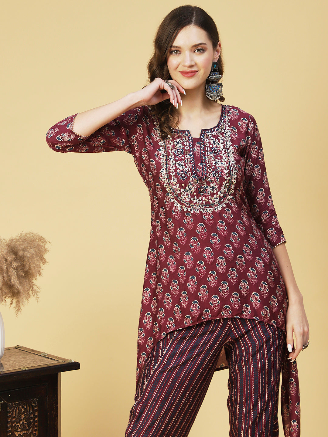 Floral Printed & Embroidered High Low Kurta with Dhoti Pant - Purple