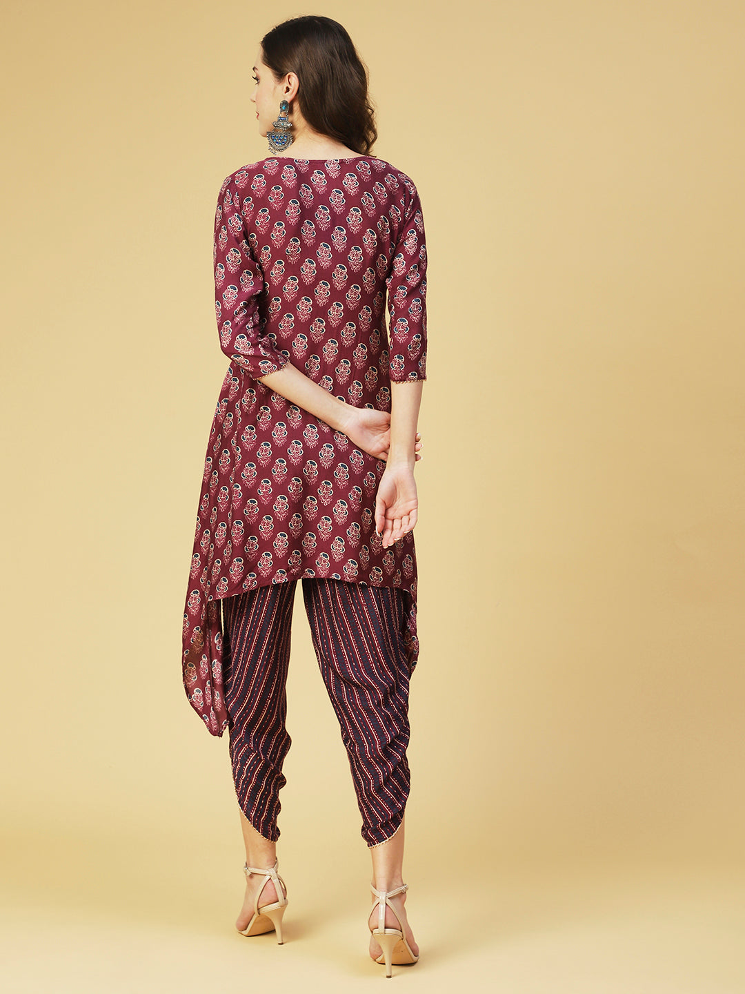 Floral Printed & Embroidered High Low Kurta with Dhoti Pant - Purple