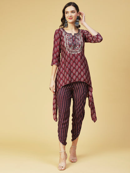 Floral Printed & Embroidered High Low Kurta with Dhoti Pant - Purple