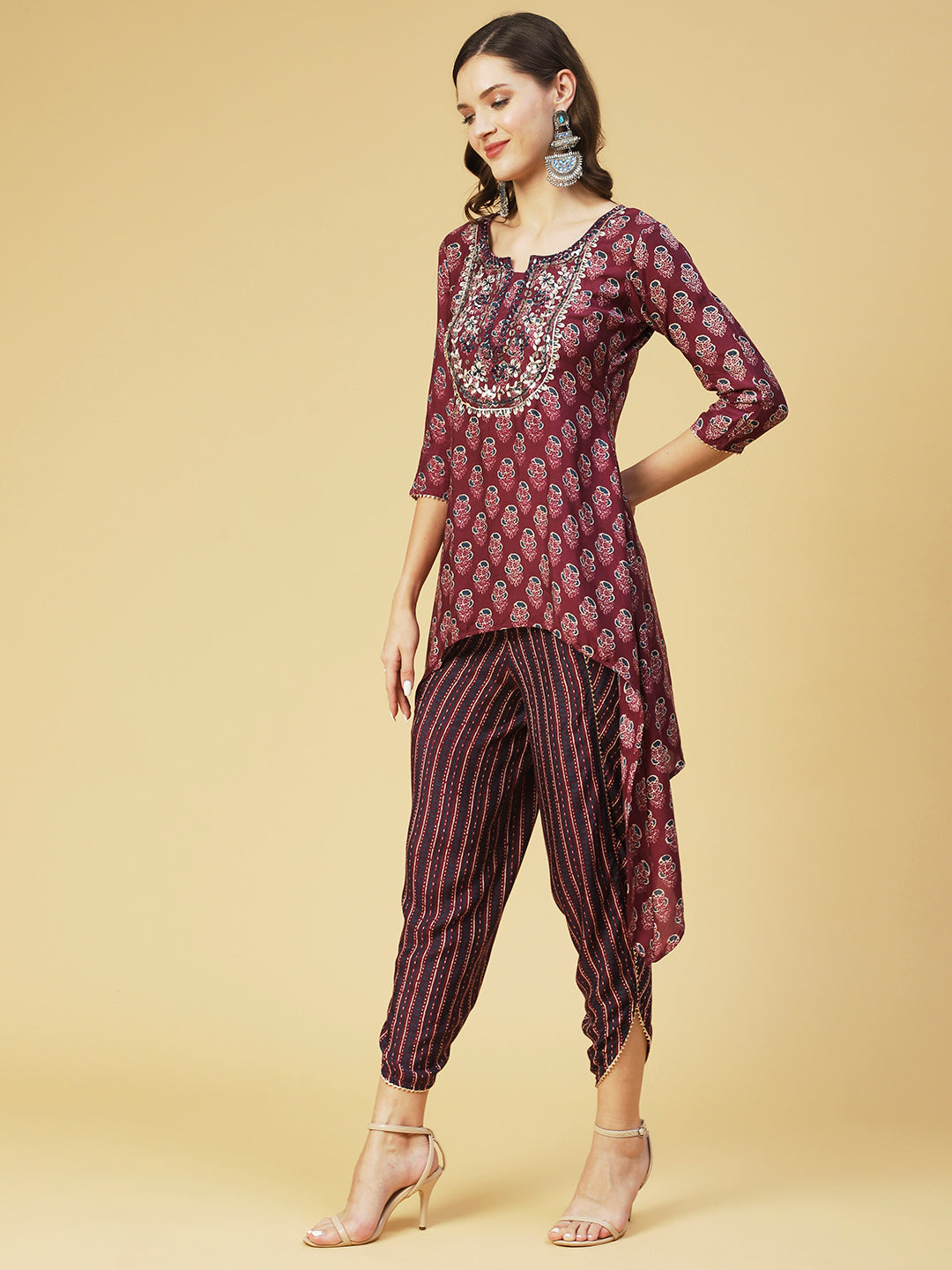 Floral Printed & Embroidered High Low Kurta with Dhoti Pant - Purple