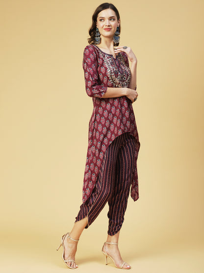 Floral Printed & Embroidered High Low Kurta with Dhoti Pant - Purple