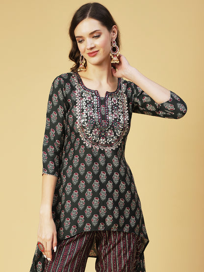 Floral Printed & Embroidered High Low Kurta with Dhoti Pant - Green