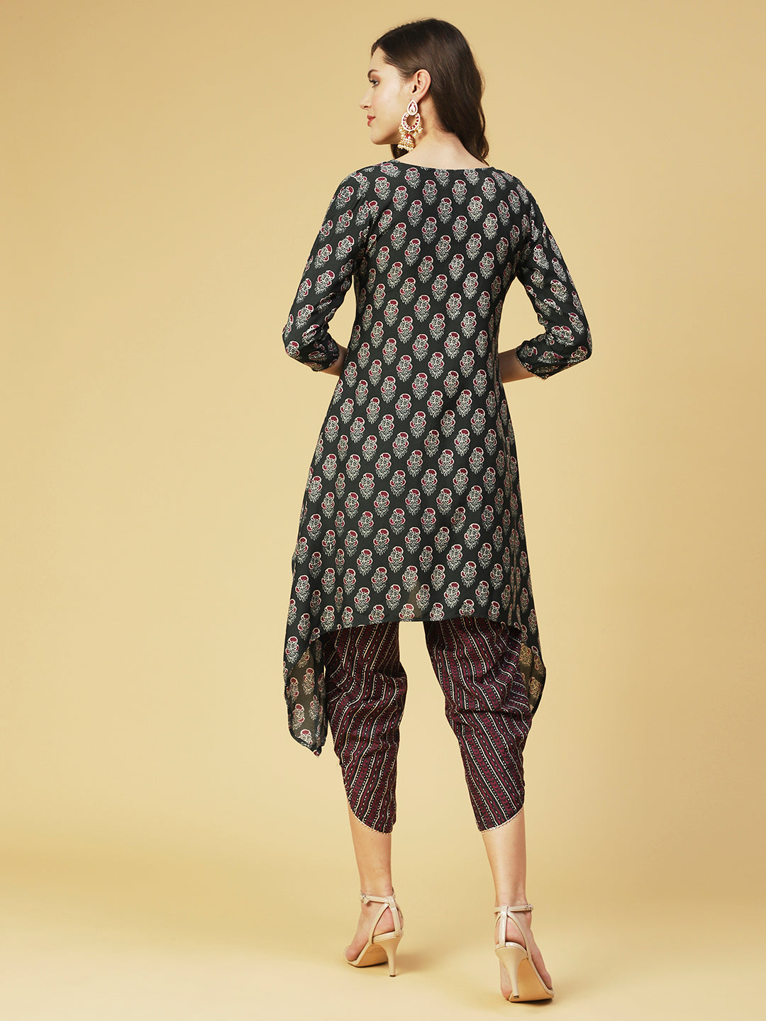 Floral Printed & Embroidered High Low Kurta with Dhoti Pant - Green