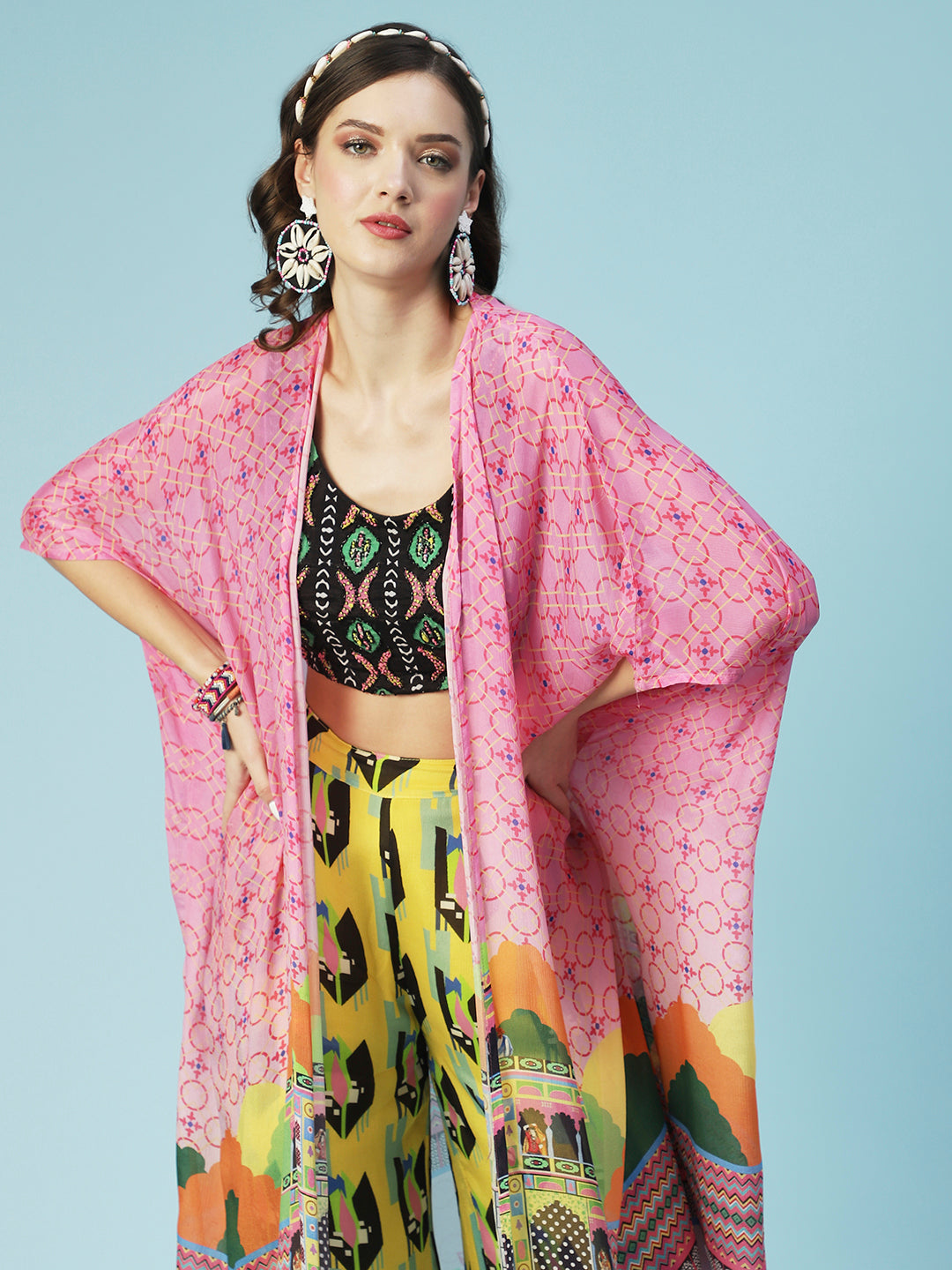Ouirky Printed & Hand Embroidered Top & Palazzo with Jacket - Multi