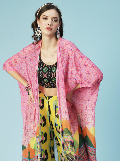 Ouirky Printed & Hand Embroidered Top & Palazzo with Jacket - Multi