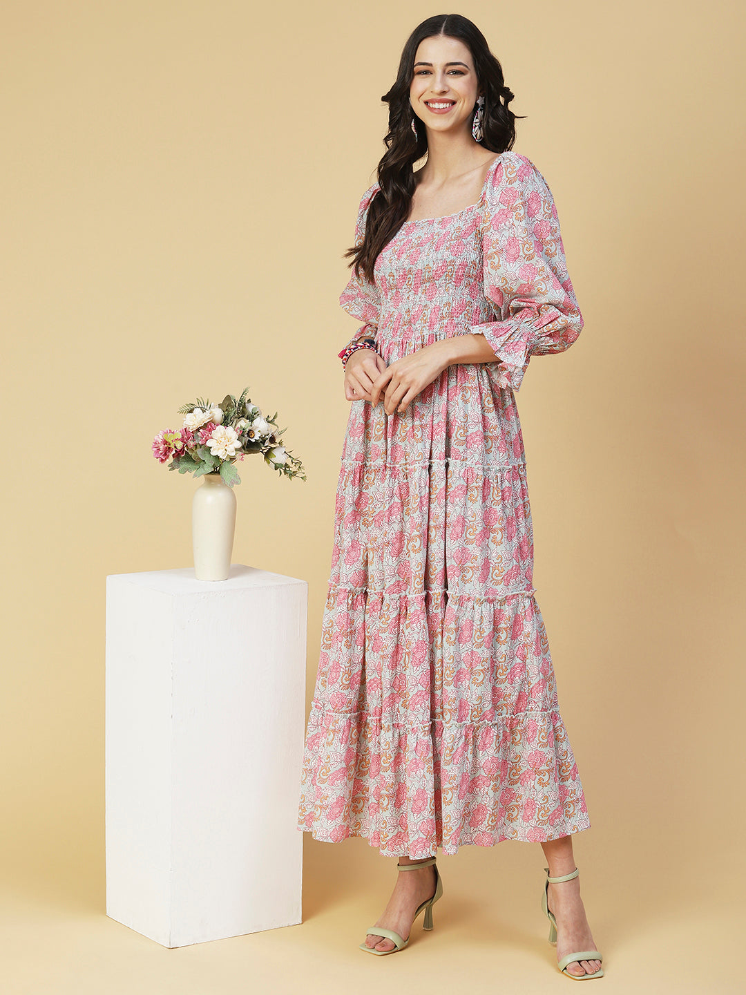Floral Printed Smocked Bishop Sleeves Dress - Rose