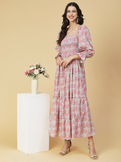 Floral Printed Smocked Bishop Sleeves Dress - Rose