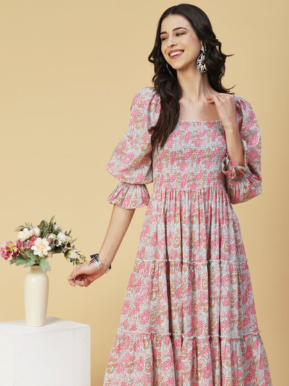 Floral Printed Smocked Bishop Sleeves Dress - Rose