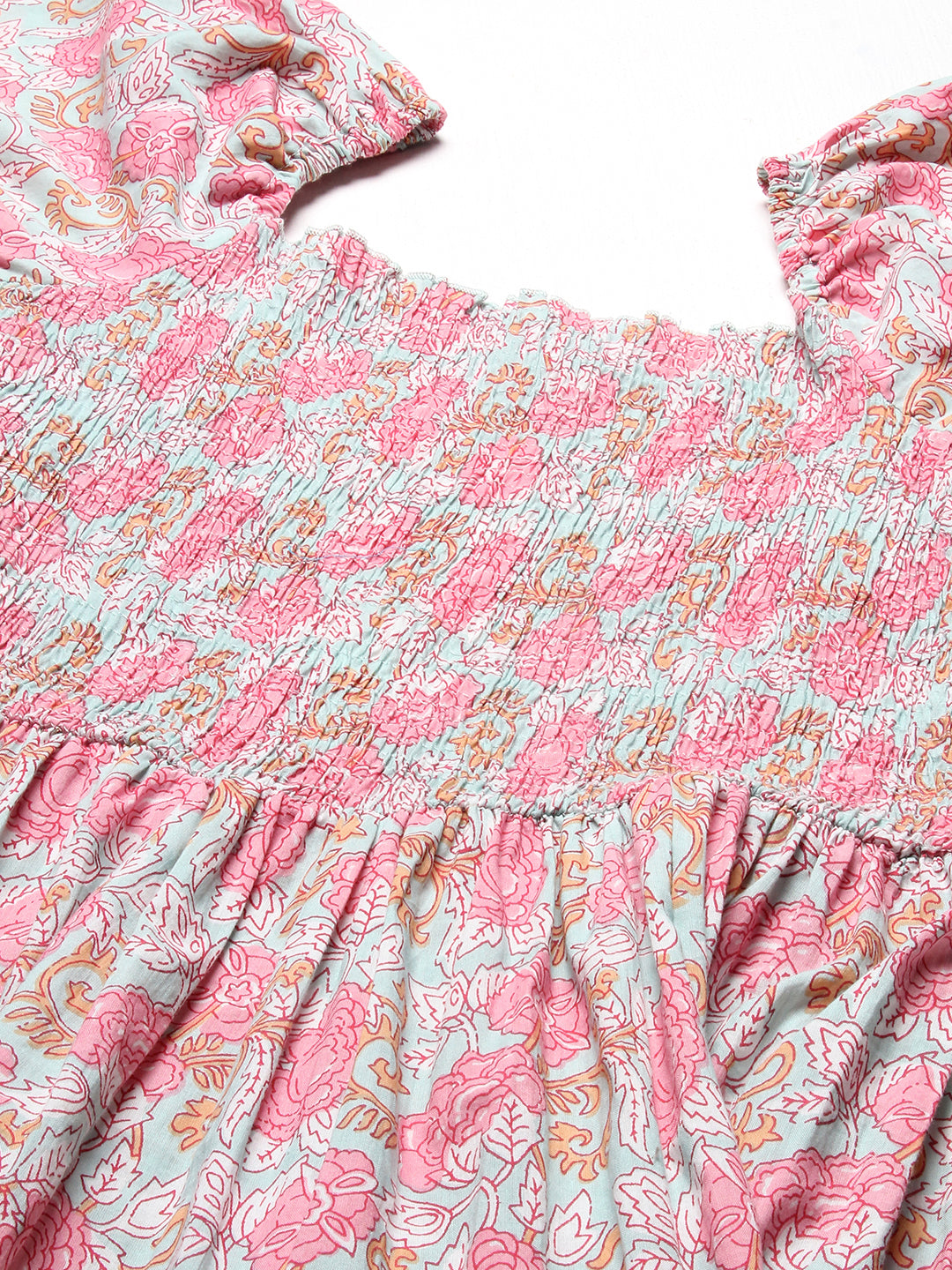 Floral Printed Smocked Bishop Sleeves Dress - Rose