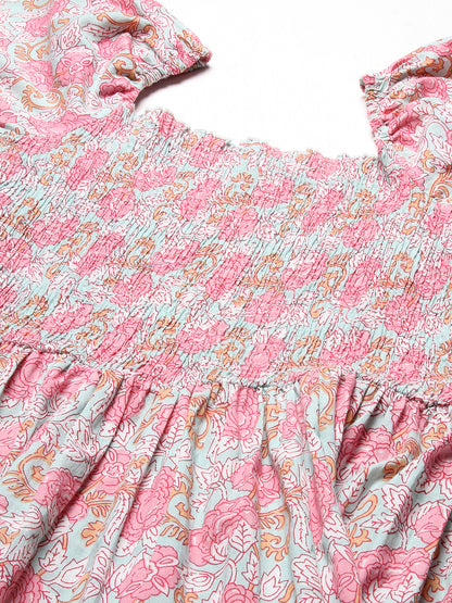 Floral Printed Smocked Bishop Sleeves Dress - Rose