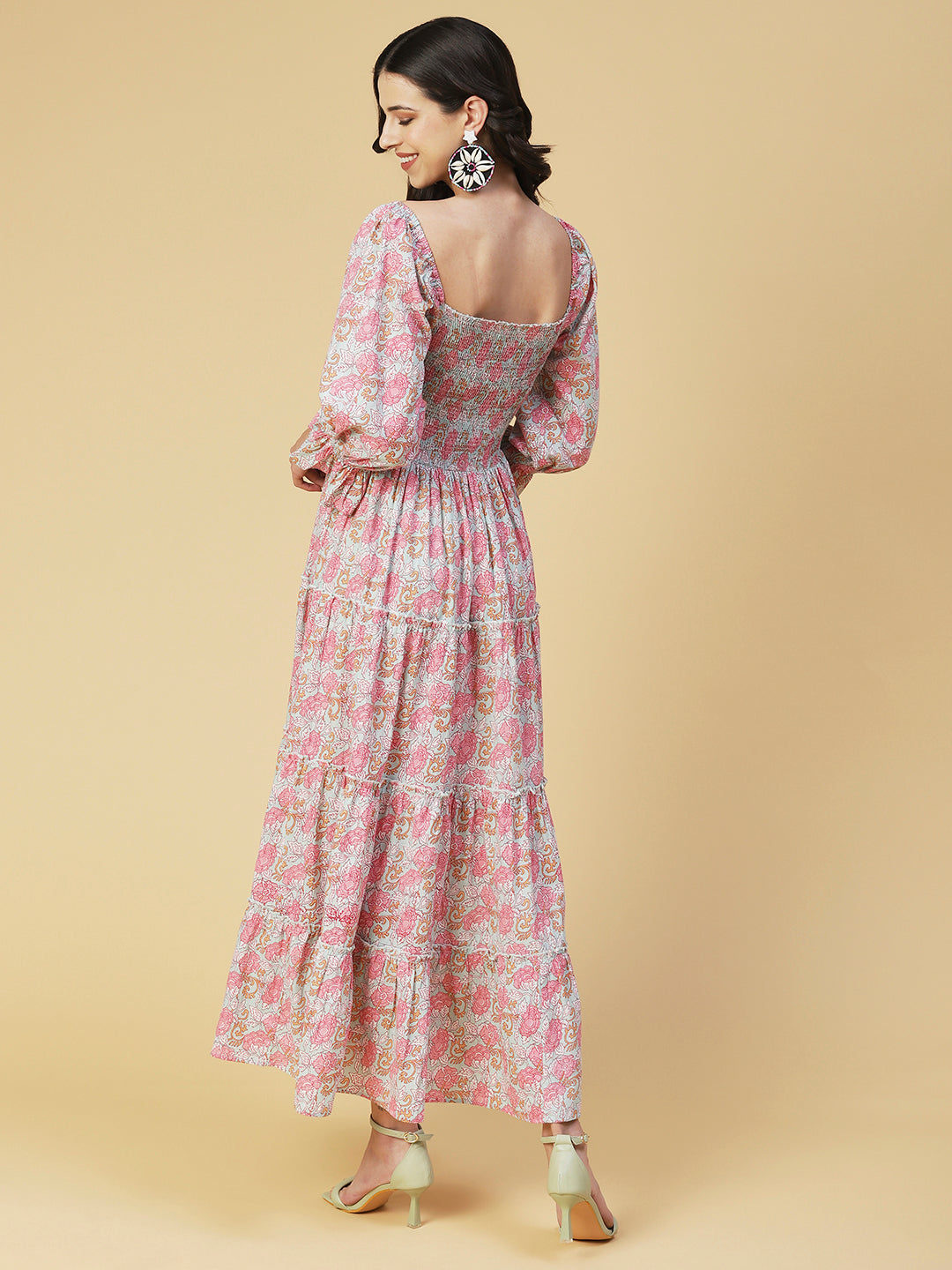Floral Printed Smocked Bishop Sleeves Dress - Rose