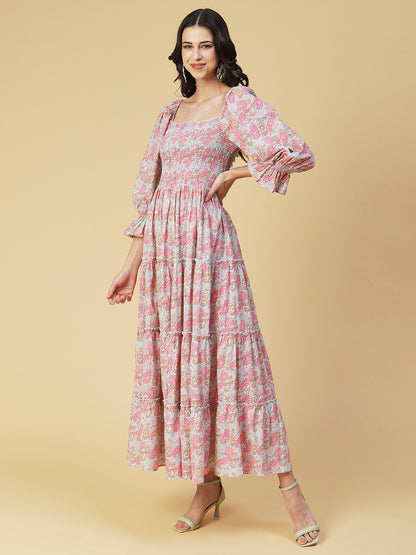 Floral Printed Smocked Bishop Sleeves Dress - Rose