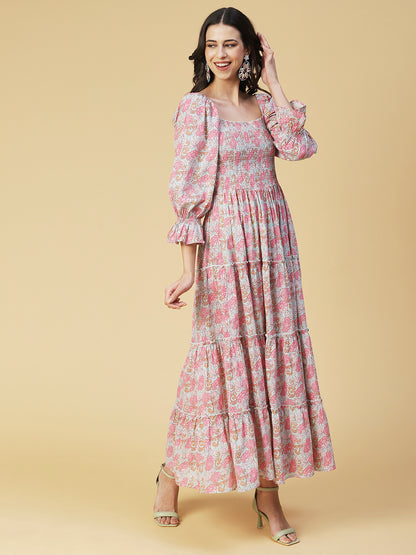Floral Printed Smocked Bishop Sleeves Dress - Rose