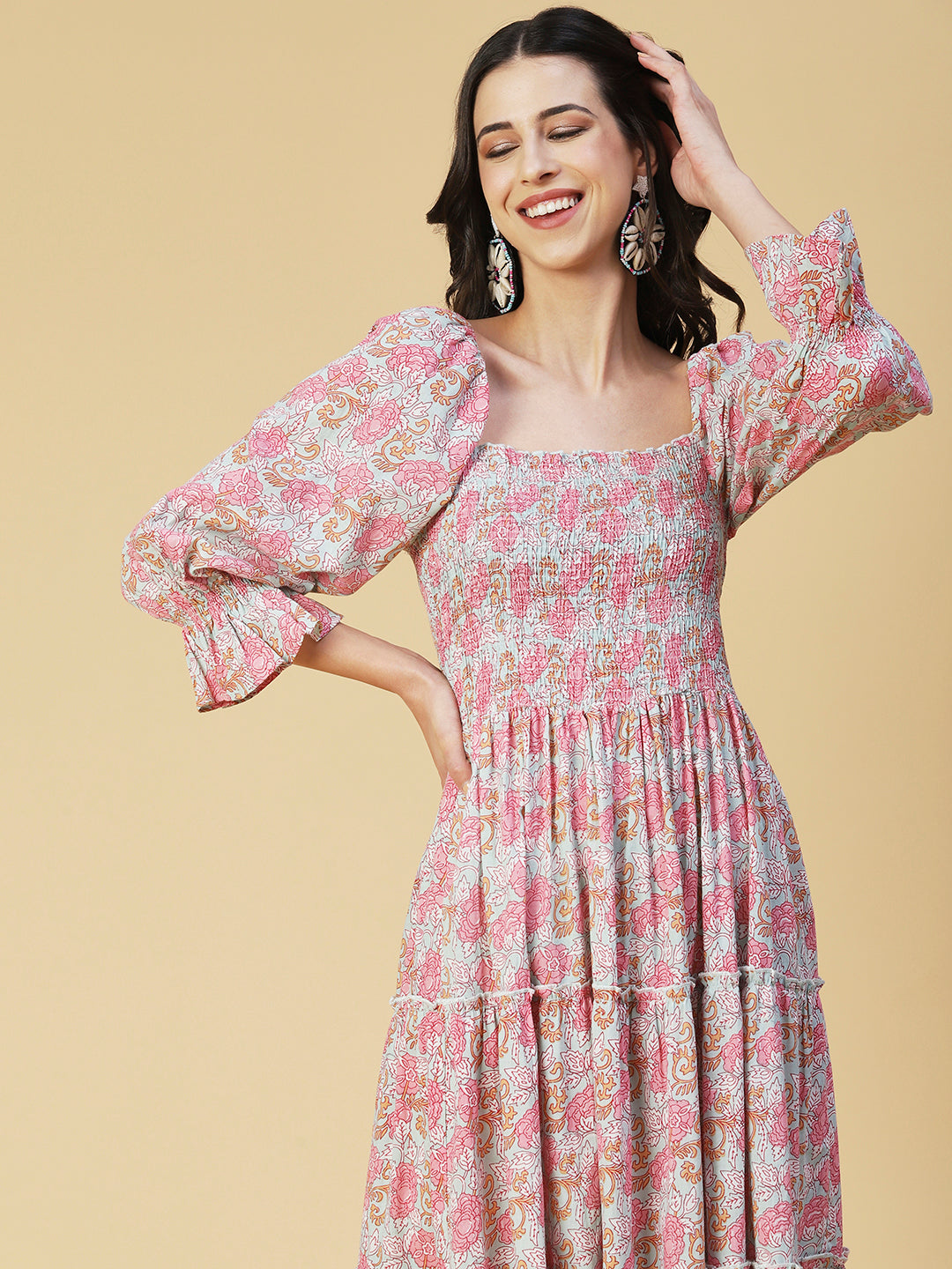 Floral Printed Smocked Bishop Sleeves Dress - Rose