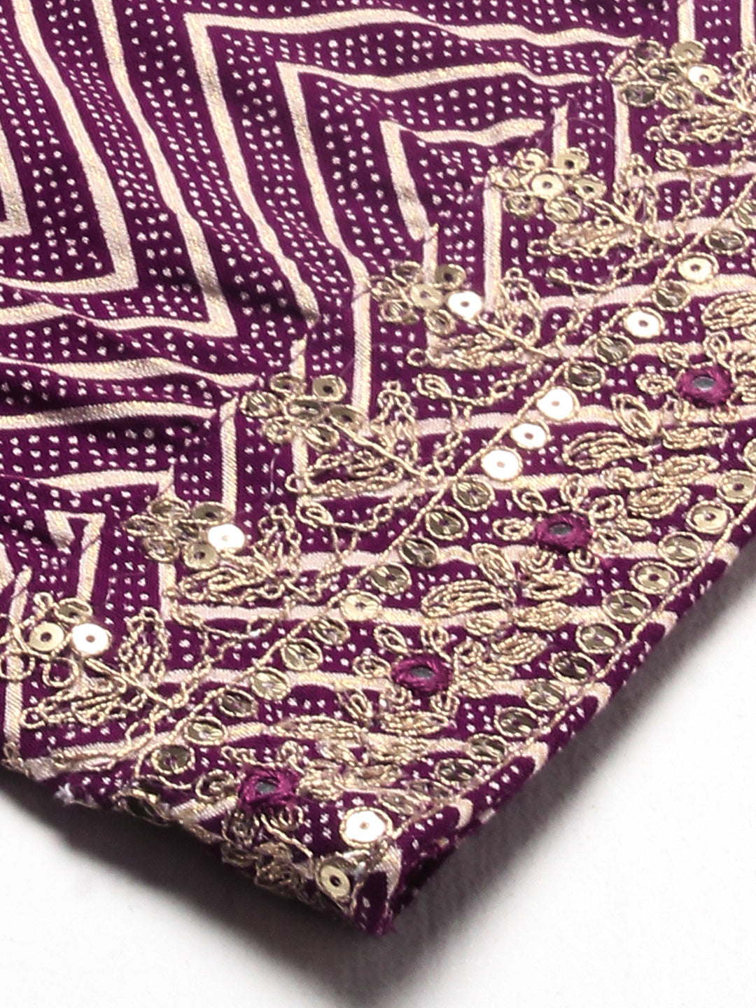 Chevron Printed Embroidered Kurta With Pants & Dupatta - Burgundy