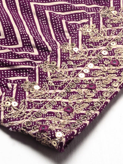 Chevron Printed Embroidered Kurta With Pants & Dupatta - Burgundy