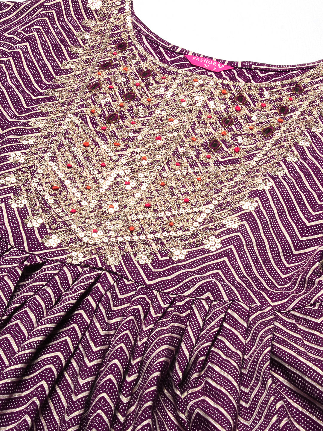 Chevron Printed Embroidered Kurta With Pants & Dupatta - Burgundy