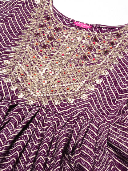 Chevron Printed Embroidered Kurta With Pants & Dupatta - Burgundy