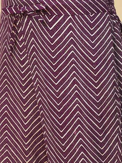 Chevron Printed Embroidered Kurta With Pants & Dupatta - Burgundy