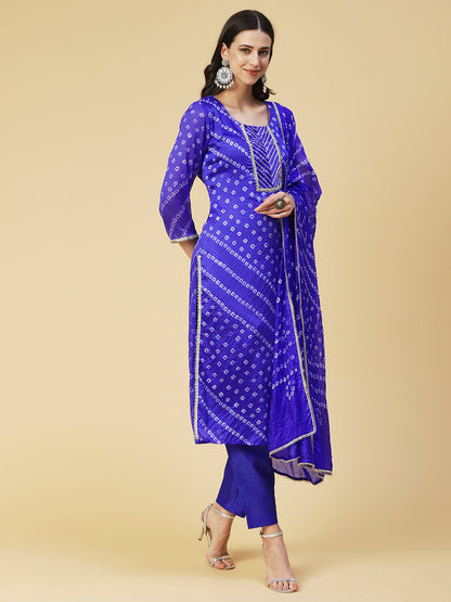 Bandhani Printed Kurta With Pants & Bandhani Dupatta - Blue