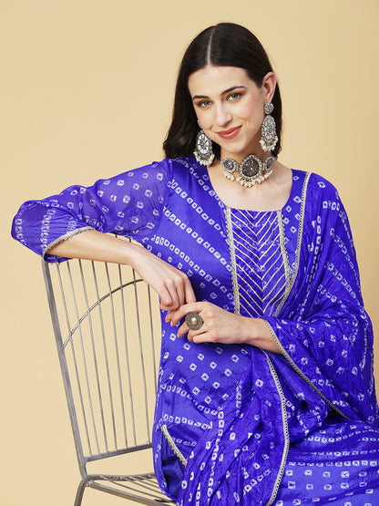 Bandhani Printed Kurta With Pants & Bandhani Dupatta - Blue