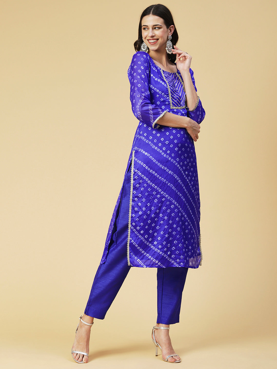 Bandhani Printed Kurta With Pants & Bandhani Dupatta - Blue