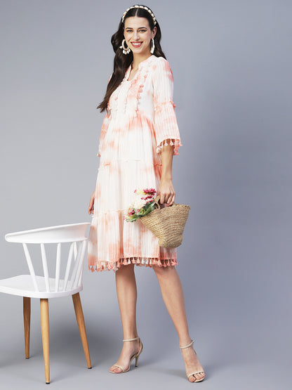 Tie-Dyed A-Line Tiered Midi Dress - Light Peach