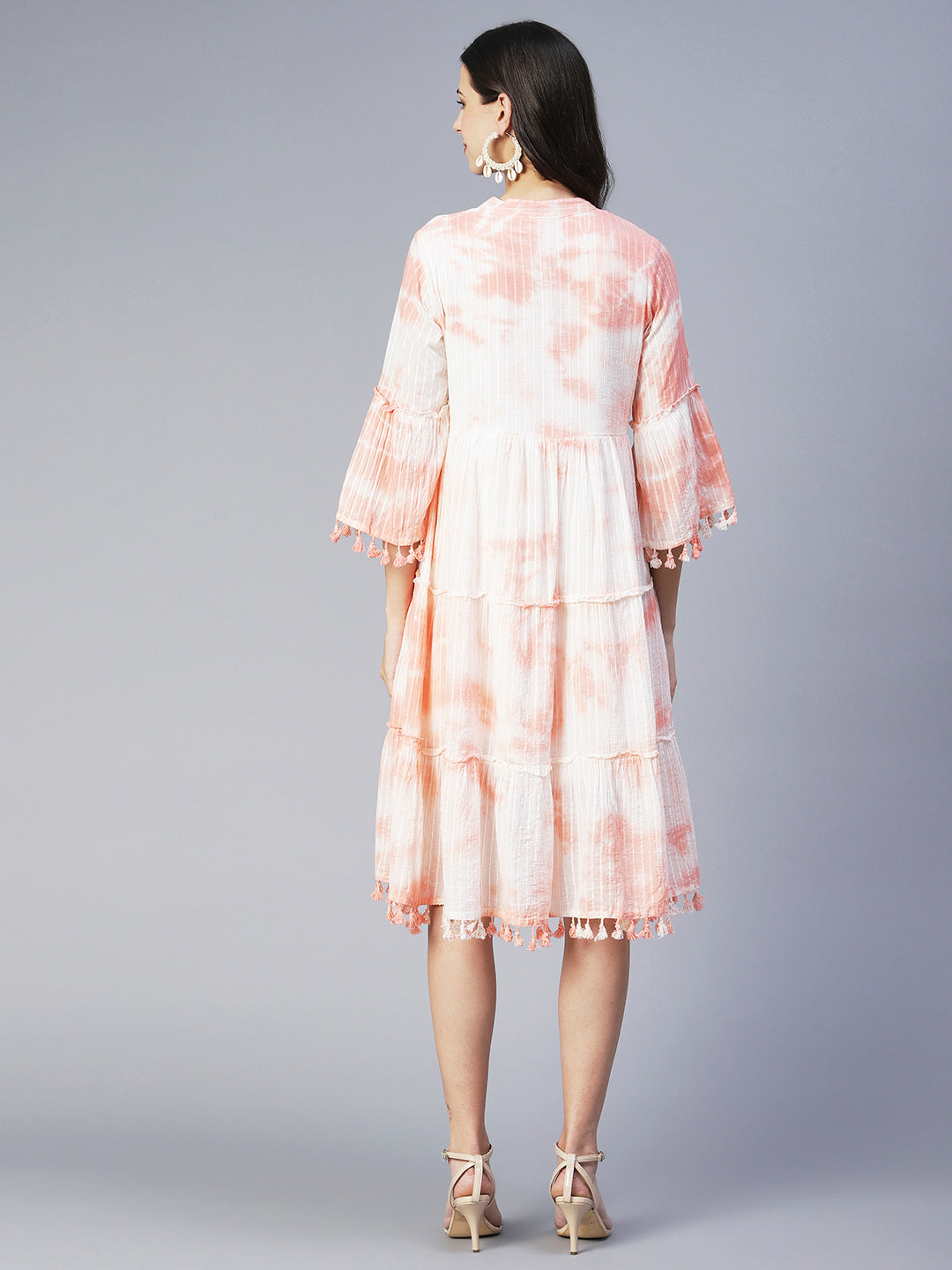 Tie-Dyed A-Line Tiered Midi Dress - Light Peach