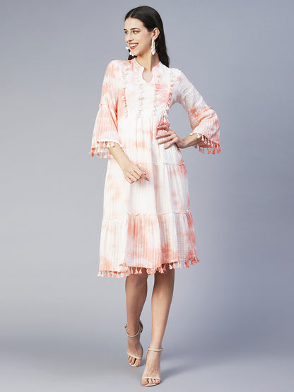 Tie-Dyed A-Line Tiered Midi Dress - Light Peach