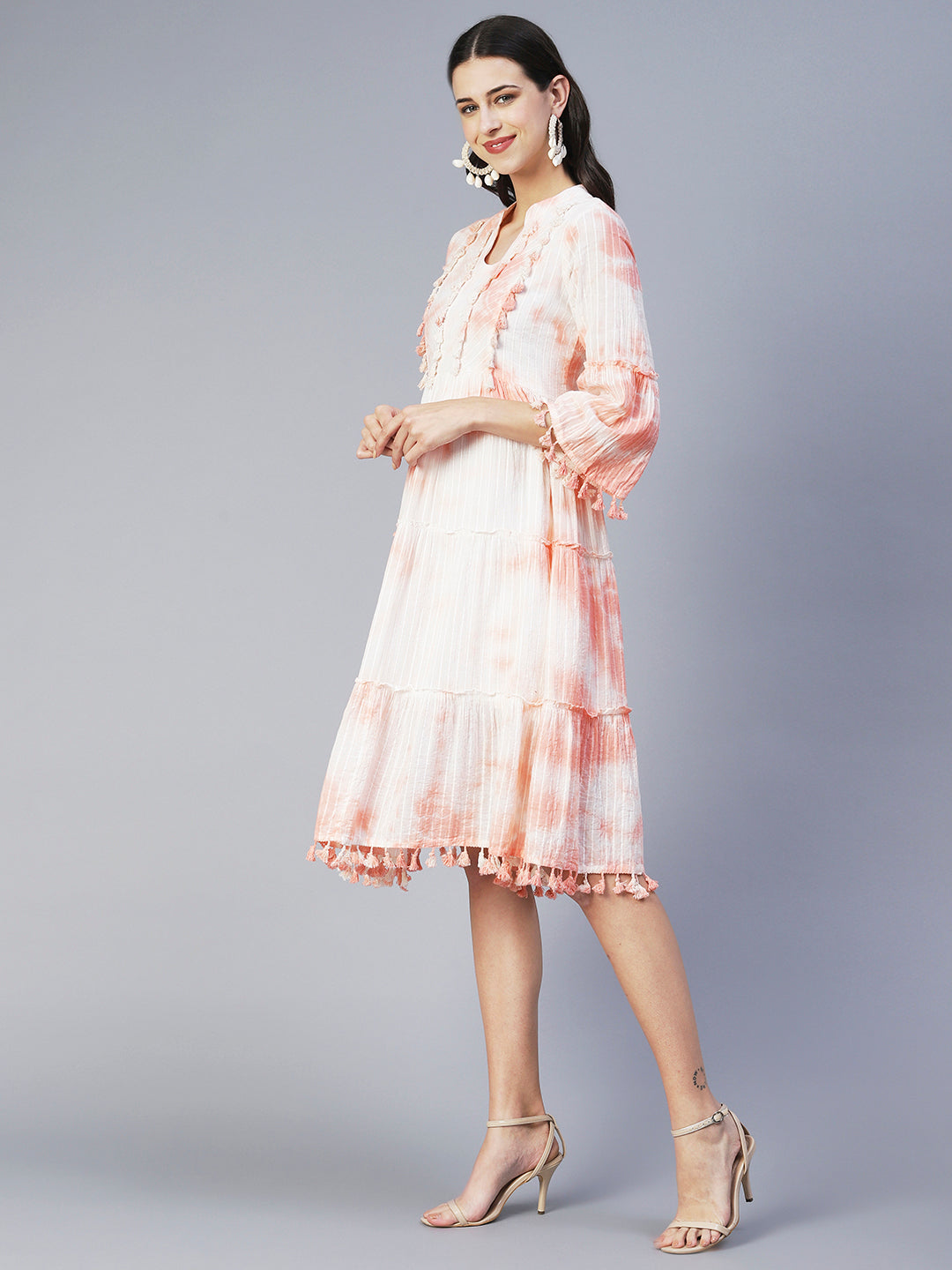 Tie-Dyed A-Line Tiered Midi Dress - Light Peach