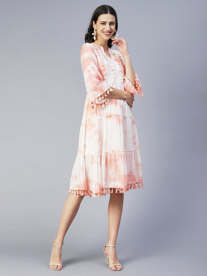 Tie-Dyed A-Line Tiered Midi Dress - Light Peach