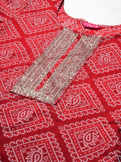 Bandhani Printed Zari & Sequins Embroidered Kurta - Red