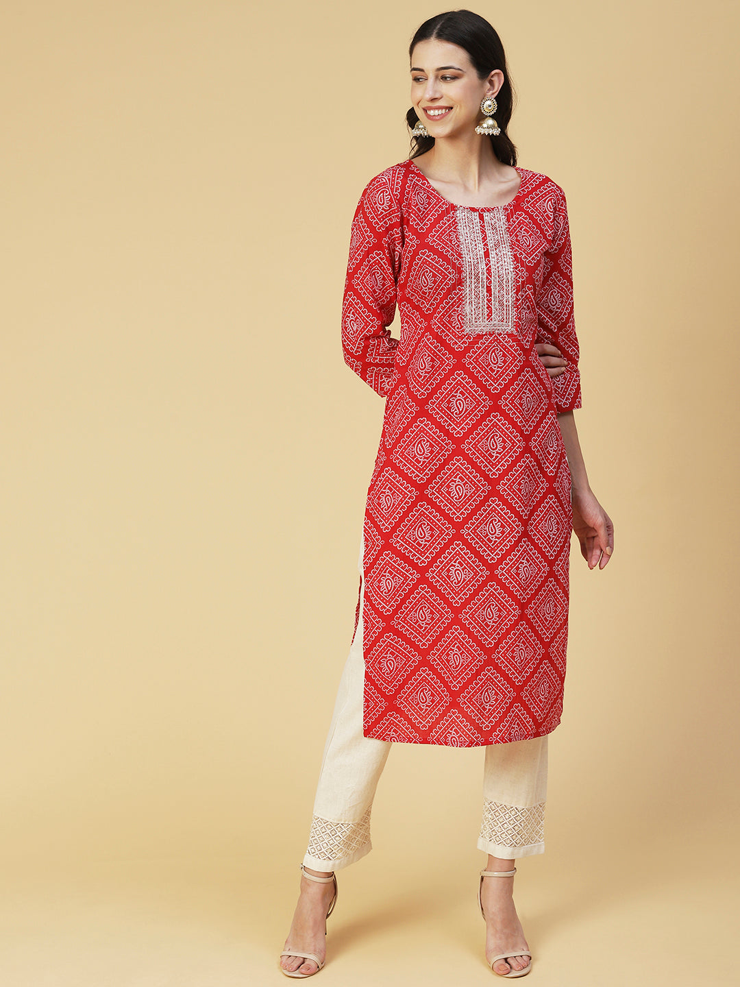 Bandhani Printed Zari & Sequins Embroidered Kurta - Red