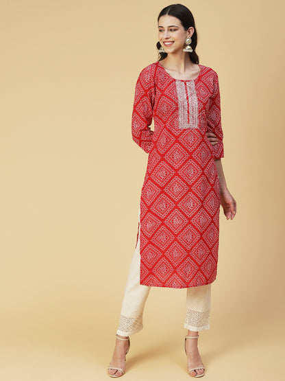 Bandhani Printed Zari & Sequins Embroidered Kurta - Red
