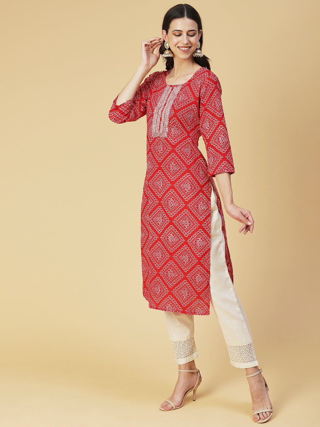 Bandhani Printed Zari & Sequins Embroidered Kurta - Red