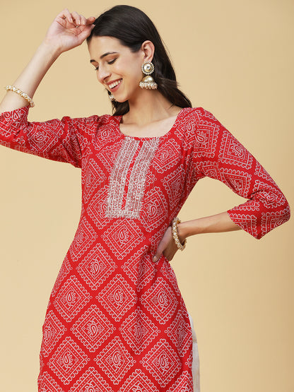 Bandhani Printed Zari & Sequins Embroidered Kurta - Red