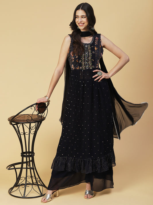 Ethnic Printed & Mirror Embroidered A-Line Kurta with Palazzo & Dupatta - Navy Blue