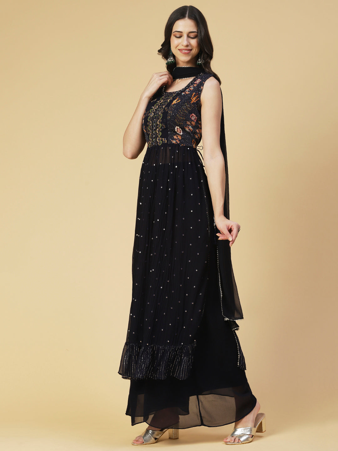 Ethnic Printed & Mirror Embroidered A-Line Kurta with Palazzo & Dupatta - Navy Blue