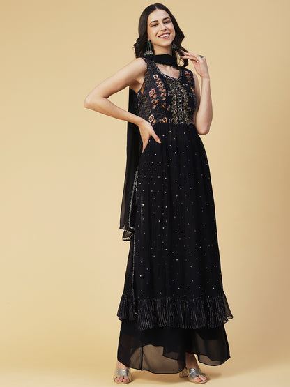 Ethnic Printed & Mirror Embroidered A-Line Kurta with Palazzo & Dupatta - Navy Blue