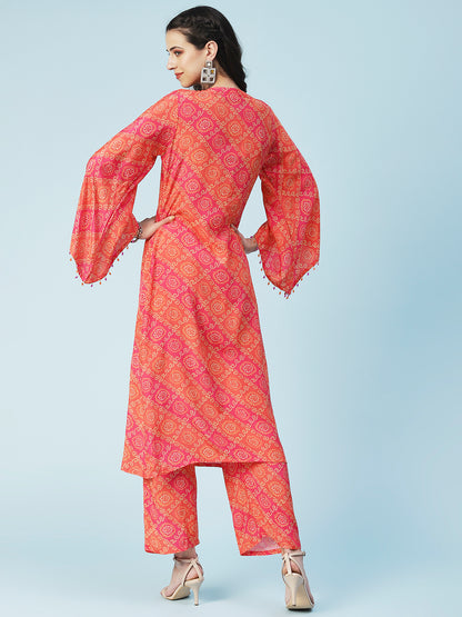 Bandhani Printed Mirror Embroidered Kurta With Pants - Orange